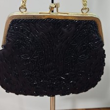 Vintage Walborg Black SatinBeaded Gold Hardware Clutch Purse