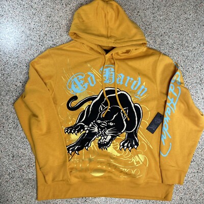 Ed Hardy Hoodie Men's XL Yellow Crouching Panther Tattoo Fleece Lined Y2K