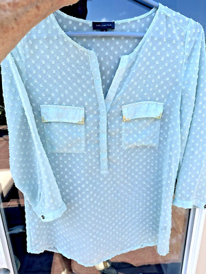 The Limited XS  Blouse SEAFOAM GRN Chiffon SheerSwiss Dot 3/4Sleeve Split V-Neck