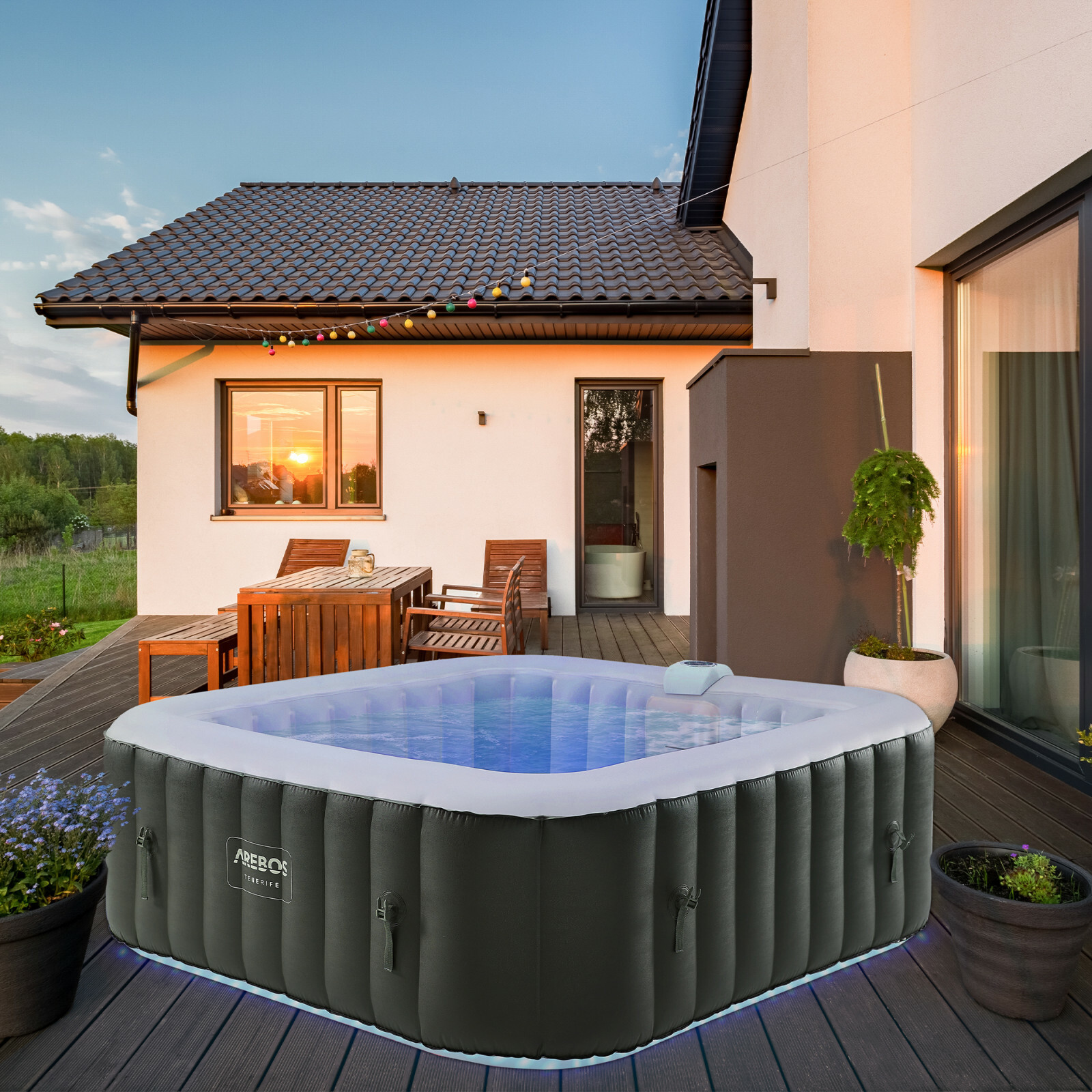 AREBOS Spa Hinchable en-Outdoor Whirlpool Masaje Cuadrado con LED 185x185cm