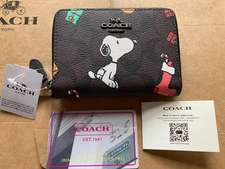 Coach Snoopy Small Zip Around Wallet CE708 Signature Peanuts Brown Canvas