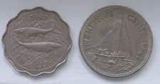 2 BAHAMAS Coins - 1969 10 Cent Coin W Two Bonefish & 1966 25 Cent Coin