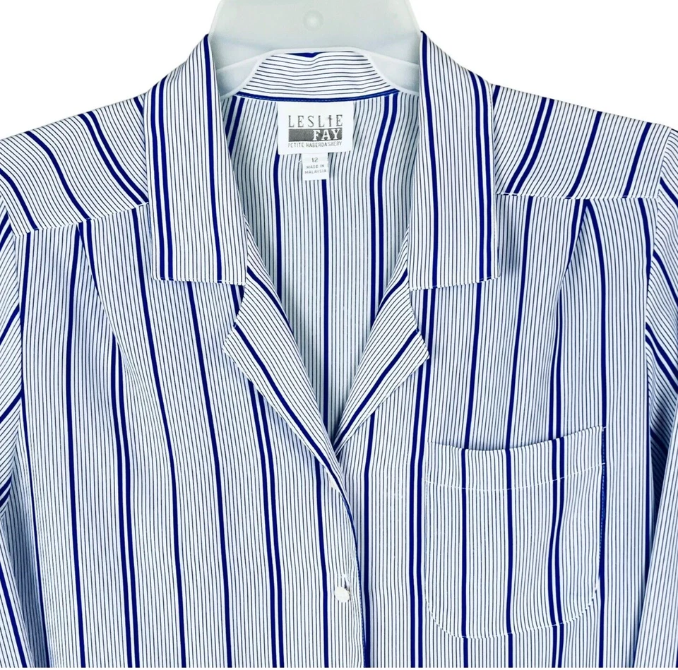 Blusa Top Leslie Fay Petite Haberdashery Abotonada a Rayas Para Mujer 12P Poliéster Foto 3 de 4