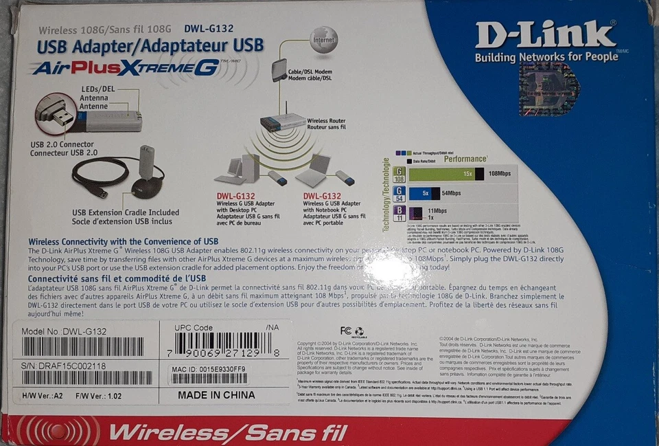 D-Link AirPlus Xtreme G USB Wireless Adapter 108G 802.11b/g 2.4GHz DWL-G132 NEW - Image 3 of 4