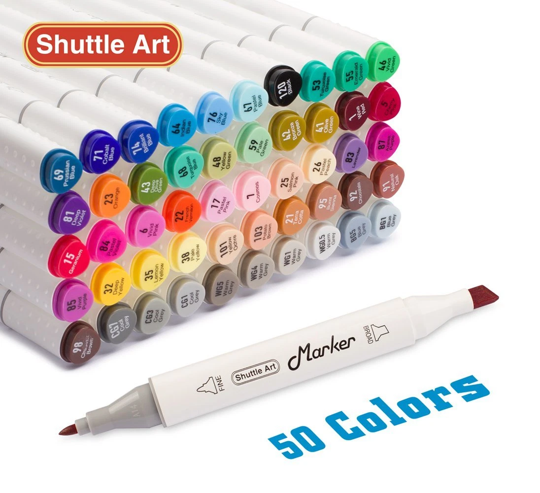 Shuttle Art 51 Colours Dual Tip Art Markers, 50 Colours Plus 1 Blender  Permanent