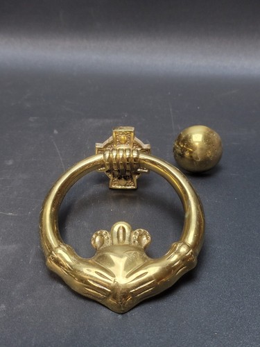 Vintage Claddagh Irish Door Knocker Celtic Cross Heart Solid Brass w/ Hardware