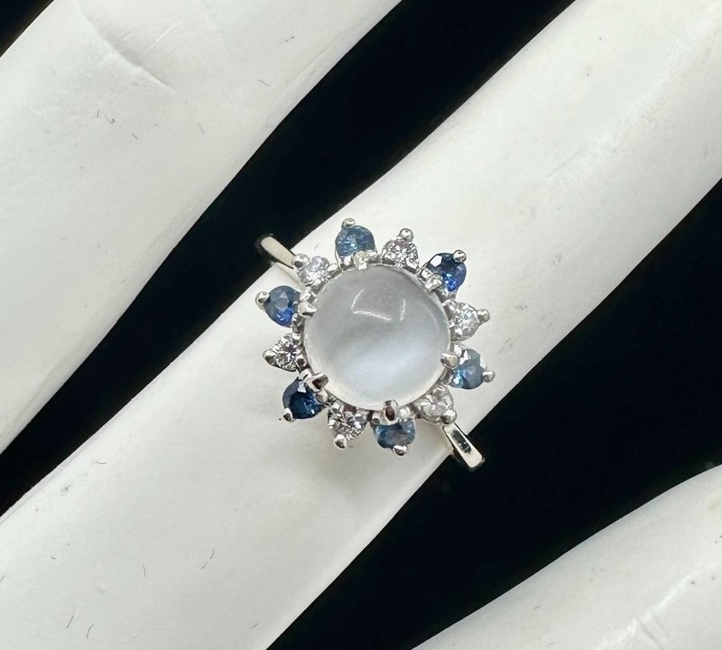 Moonstone Sapphire Diamond Halo Ring 14 Karat White Gold