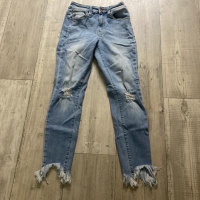 KanCan Womens 3/25 Light Blue Wash Mid Rise Denim Skinny Jeans Distressed Ankle