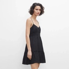 Club Monaco Tiered Mini Dress in Black – Smocked Waist Sleeveless LBD – Size 10
