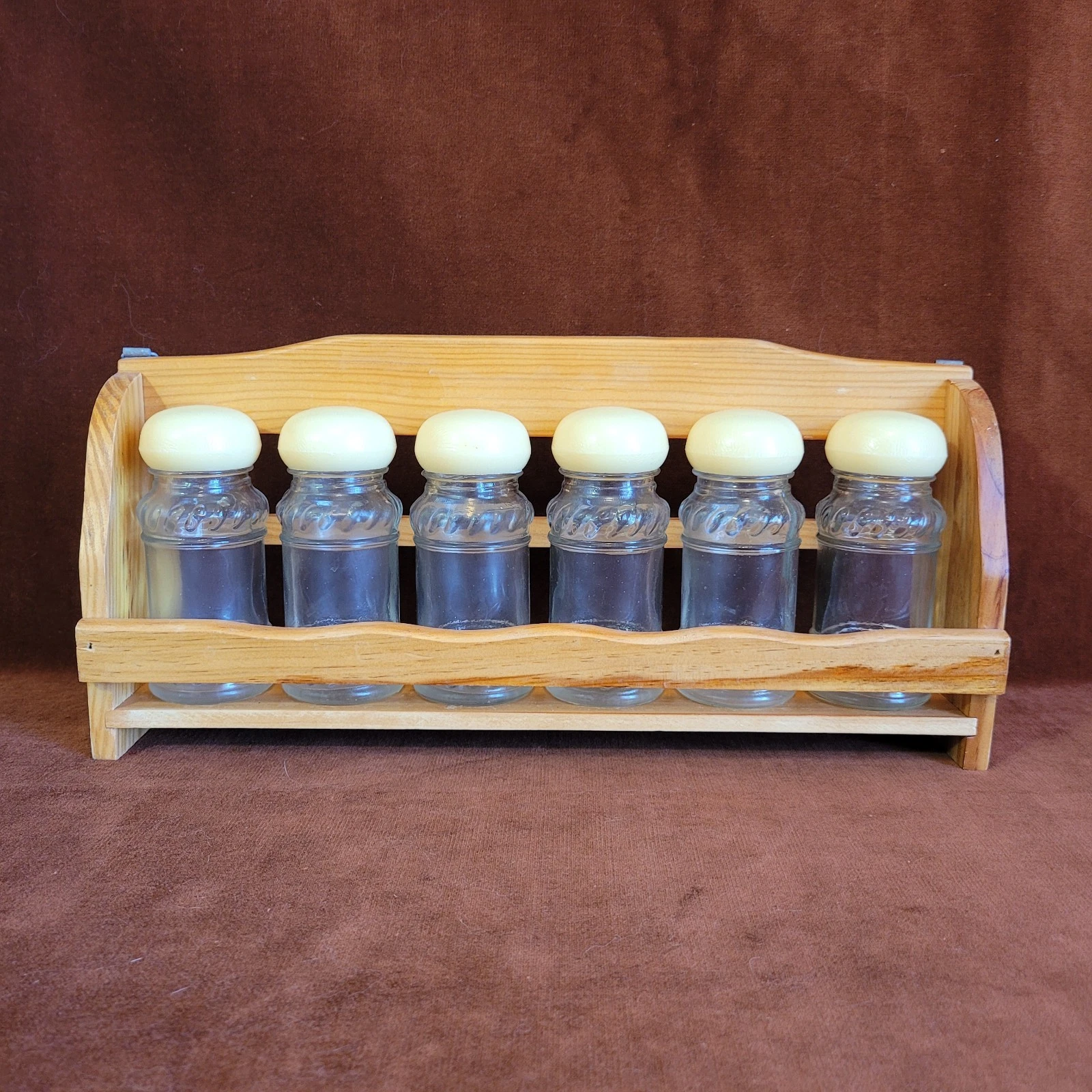 Vintage Wood Spice Rack 6 Glass Jars w/ Lids & Shaker Inserts-Hang or Stand