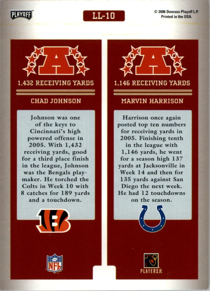 2006 Playoff Prestige League Leaders #10 Chad Johnson/Marvin Harrison - FB - Image 2 of 2
