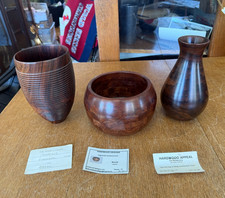 Lot of 3 Carved Hardwood Items Segment Bowl and 2 Vases S C Boyle, Cheney, More