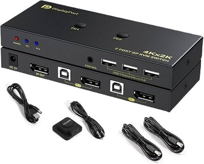 Displayport Kvm Switch, 2 Port 4K/60Hz DP Usb Kvm Switcher, 2 PC share 1 monitor
