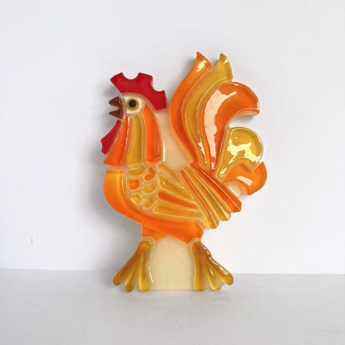 MCM Rooster Wall Hanging 60s Resin Lucite Orange Yellow Retro Kitchen Country