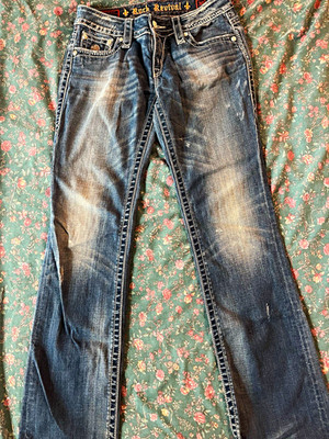 Rock Revival Blue Denim Jeans Slim Straight Mid Rise Medium Wash Logo 5-Pocket