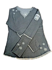 Alp-N-Rock Embroidered Snowflake Henley Boho Women S Black Gray Stitching Apres