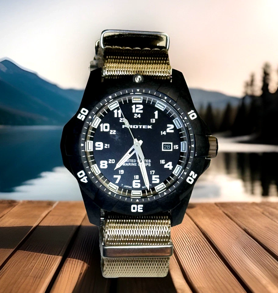Reloj de buceo ProTek PT1016D USMC con caja de carbono, esfera de arena negra y del desierto, 2 correas Foto 3 de 4