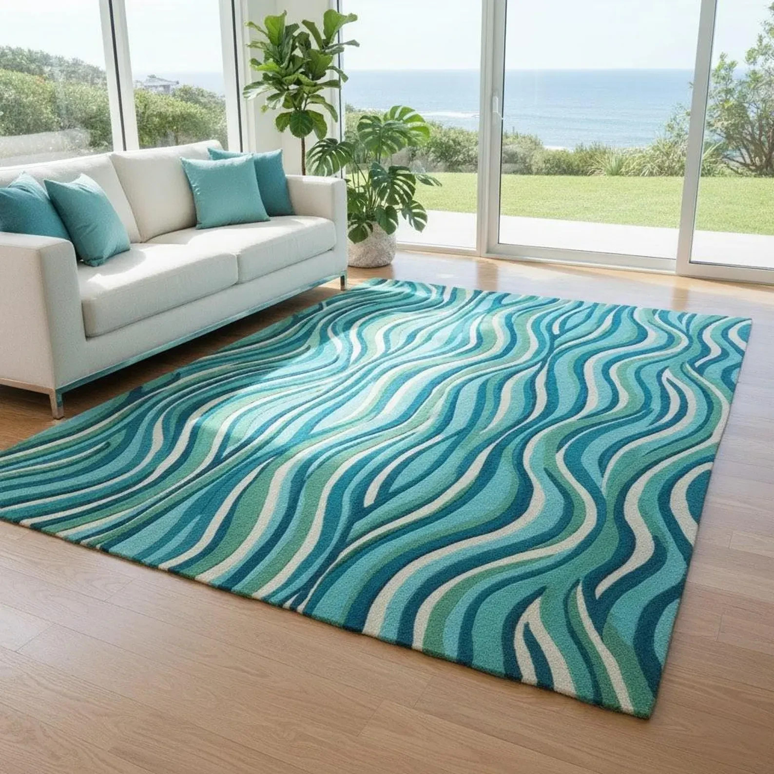 Ocean Wave Wool Rug | Teal Blue Hand-Tufted Area Carpet | Modern Coastal Style