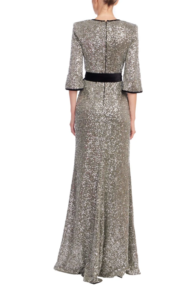 Badgley Mischka Sequin Velvet Sash V-Neck Gown $750 Silver Modest Long Sleeve *4 - Image 3 of 4
