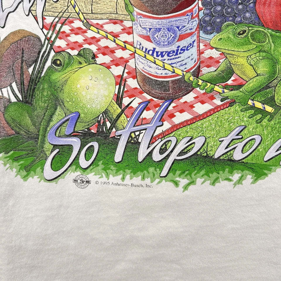 Camisa Budweiser De Colección Para Hombres Mediana Años 90 Ranas Picnic Cerveza Camiseta 1995 Hecha en EE. UU. Foto 4 de 4
