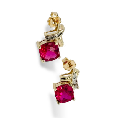 9ct Two Tone Cushion Cut Created Ruby  & Diamond Studs 1.8g Preloved