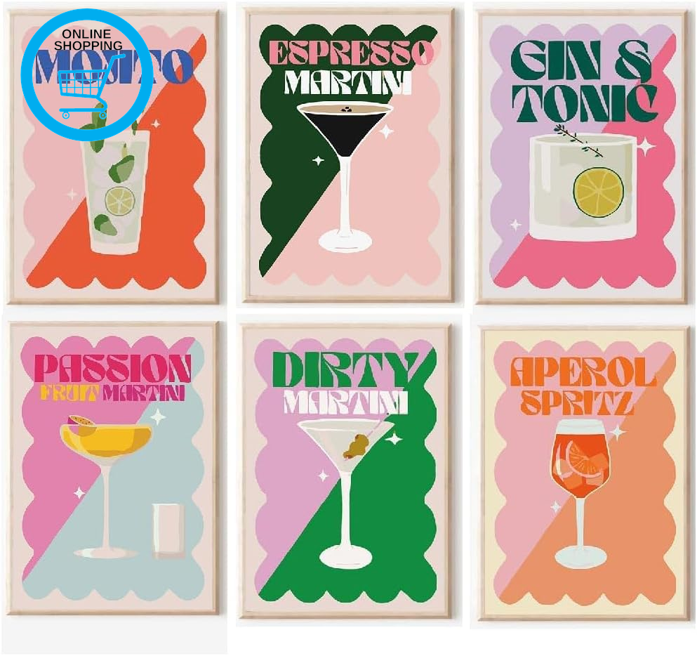 Cocktail Paint by Numbers for Adults Set of 6,Retro Cocktail Oil Painting Canvas