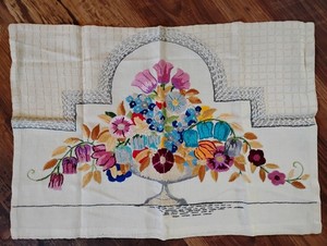 Gorgeous Vintage Antique Embroidery Masterpiece Floral Bouquet Urn 1937 Finished