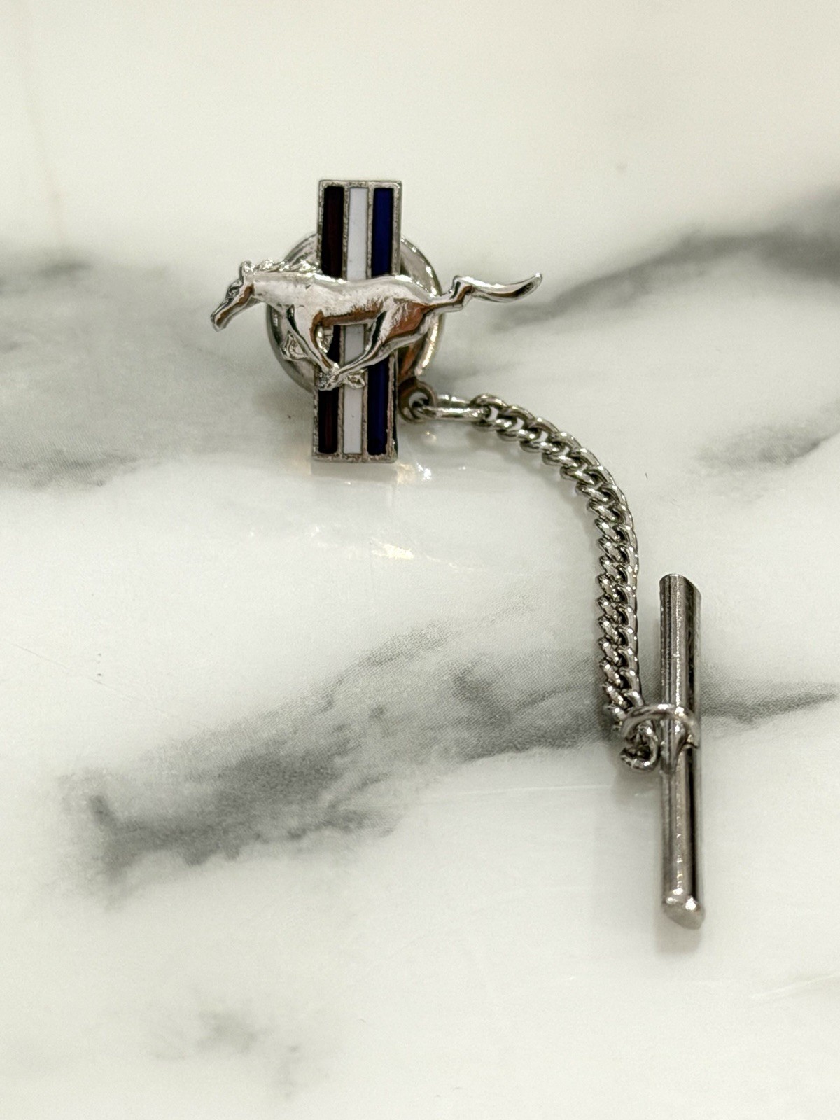 Ford Mustang Tie Tack Lapel Pin Running Horse Silver Tone Chain Bar Back 