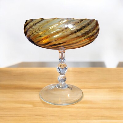 VTG Empoli Amber Top Clear Stem Compote Dish 8.75 Inches Tall.