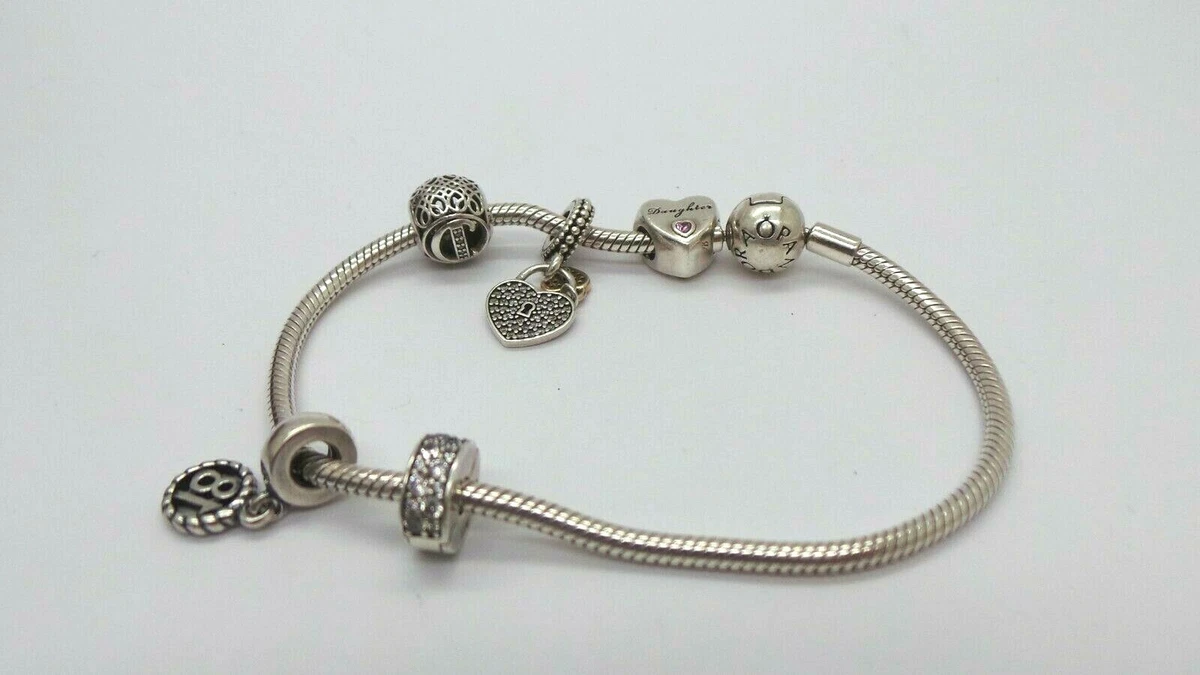 AUTHENTIC PANDORA SILVER CHARM BRACELET W 5 CHARMS 8