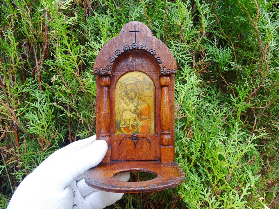 Old Wooden Orthodox iconostasis paper icon of Virgin Mary and Child IBD