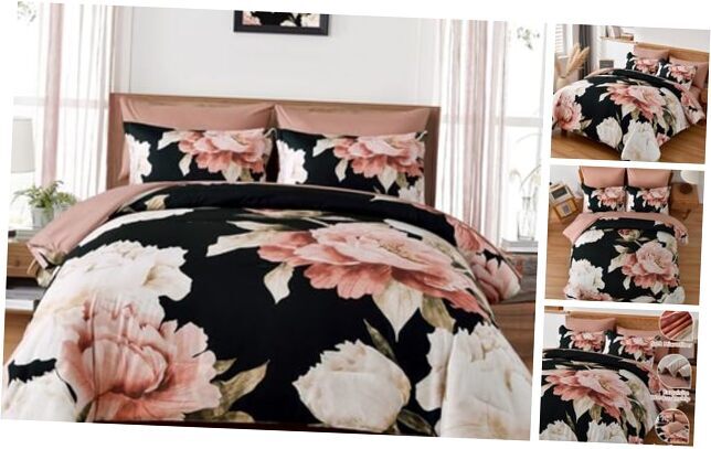 Black Comforter Set 7 Piece Bed in a Bag, Pink Floral Printed Queen Pink Black