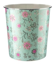 Floral Print Dustbin Basket Round Plastic Jade Green Print Office Home 7.7 Litre