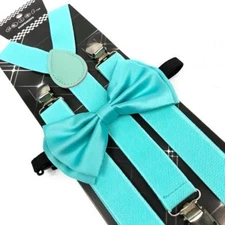 Wedding Tuxedo Formal Wear Accessories Mint Blue Color Men Bow Tie & Suspender 
