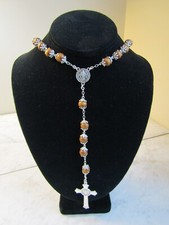 NIB Catholic Wooden Rosary Necklace Catholic Beads Cross INRI Necklace