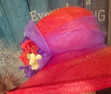 Ladies Red Hat Society 100% Paper Weave Handmade Knotted Hat w/ Ribbon & Flowers