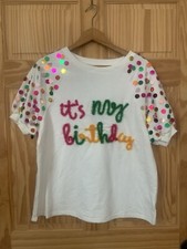 BiBi Metallic Letter It  s My Birthday Puff Sleeve Tshirt Top White Xlarge