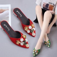 Chic Womens Flower Pointed Toe Slip On Sequins Shoes Slippers Casual Mules Pumps