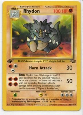 1999 rhydon pokemon card value Pokémon Rhydon 45/64 1999 WOTC Jungle Set Ungraded 1st Edition