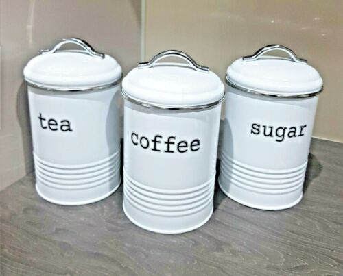 Retro Tea Coffee Sugar Kitchen Storage Canisters Jars Pots Tin Set Air Tight Lid - Picture 2 of 10