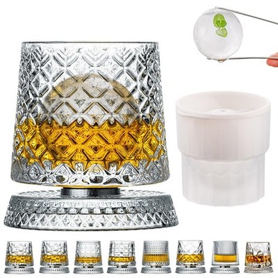 360 Degree Rotating Whiskey Glass Set with Ice Mold, Crystal Clear Bourbon Sc...
