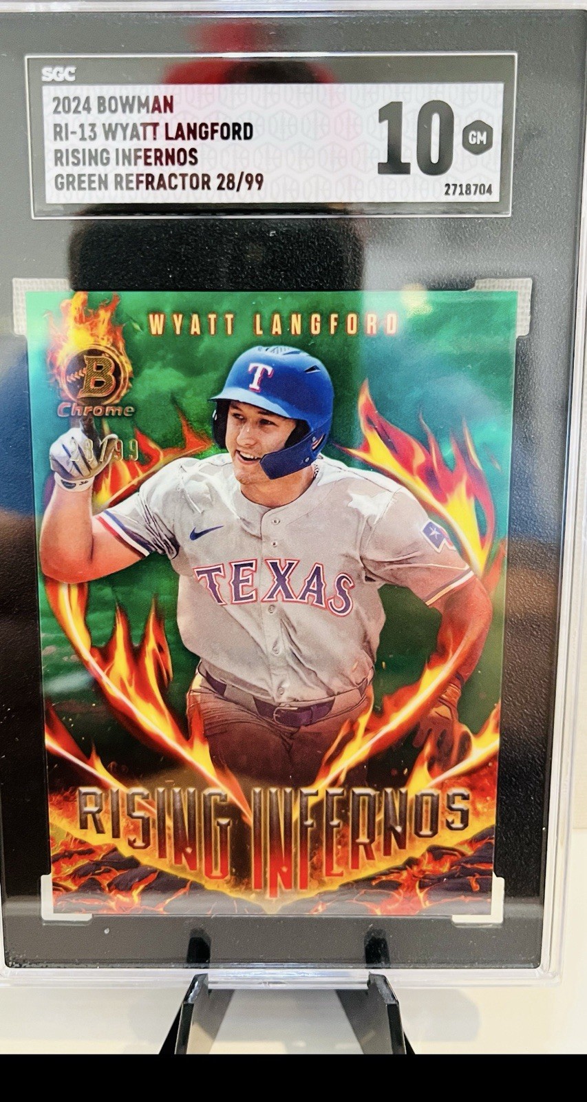 2024 Bowman Chrome Wyatt Langford Rising Infernos Green Refractor 28/99 RC