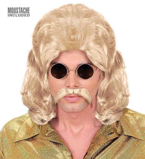 Mens 70s Wig with Moustache – Retro Fancy Dress Disco Costume Set