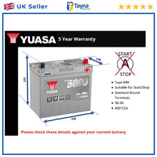 Car Battery YBX5053 Yuasa 048 450A 50Ah 5Yr WTY 238x129x223 Silver High Perf.