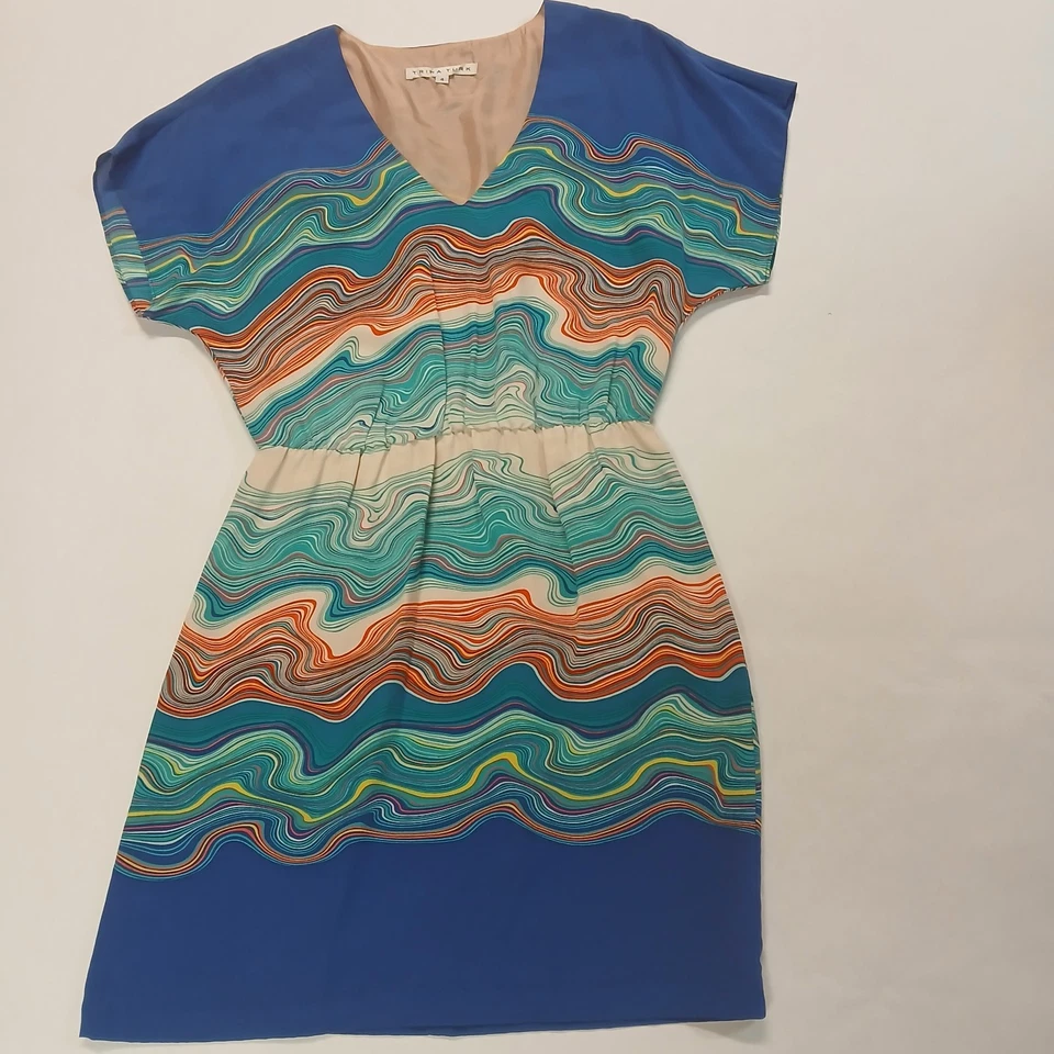 Trina Turk абстрактный океан волны Caspian акварель Shift платье 100% шелк размер 4 - Изображение 2 из 4