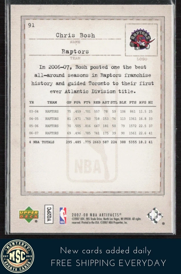 Chris Bosh 2007-08 Upper Deck Artifacts #91 Toronto Raptors - Image 2 of 2