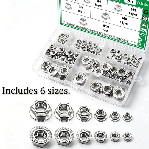 85PCS 6 Metric Sizes 304 Stainless Steel Hex Flange Nuts Assortment Kit-M3 M4 M5 image 4