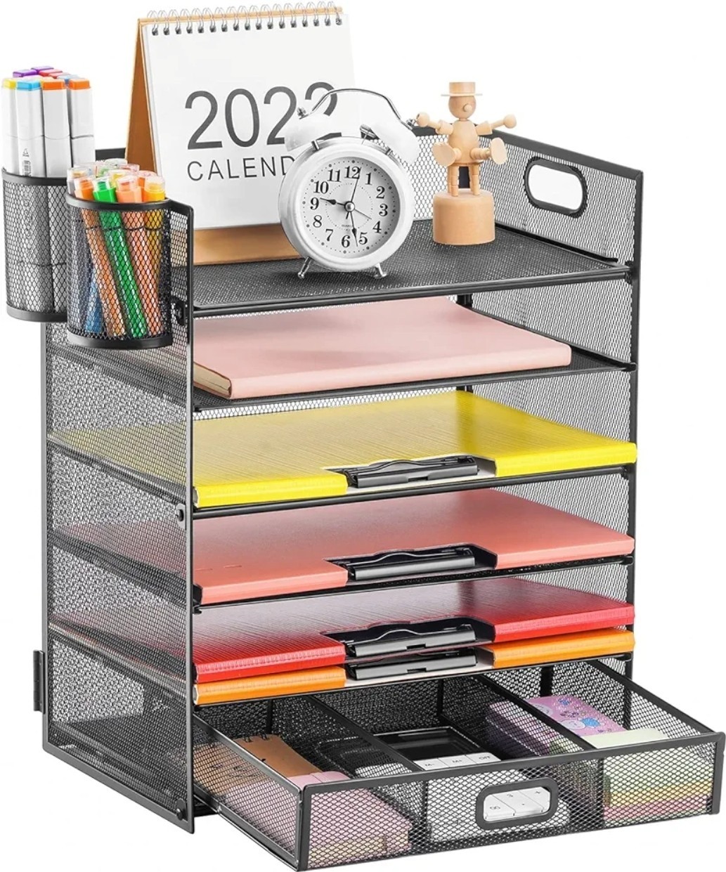 6-Tray Mesh Desk Organizer with Drawer for Files & Papers  -image