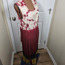 Vintage Boho Tie Dye Lace Maxi Dress Womens L Maroon Festival Hippie Fairy Core