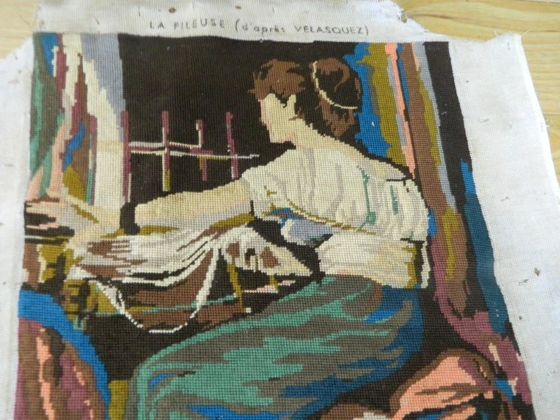 Vintage Tapisserie Femme La Fileuse Velázquez France Canevas Terminé 59x41 cm - Photo 3/4